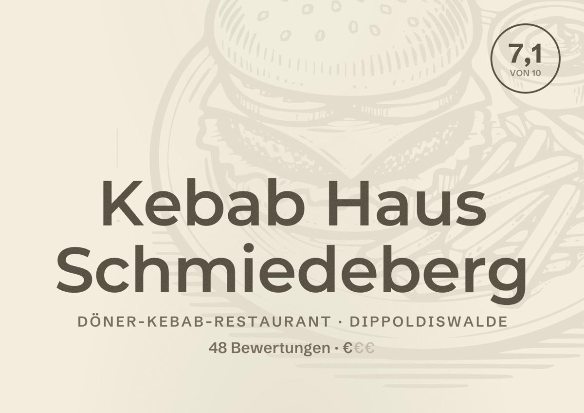 Illustriertes Poster von Kebab Haus Schmiedeberg, Döner-Kebab-Restaurant in Dippoldiswalde: Bewertung 7,1 von 10 aus 48 Bewertungen, Preisniveau €