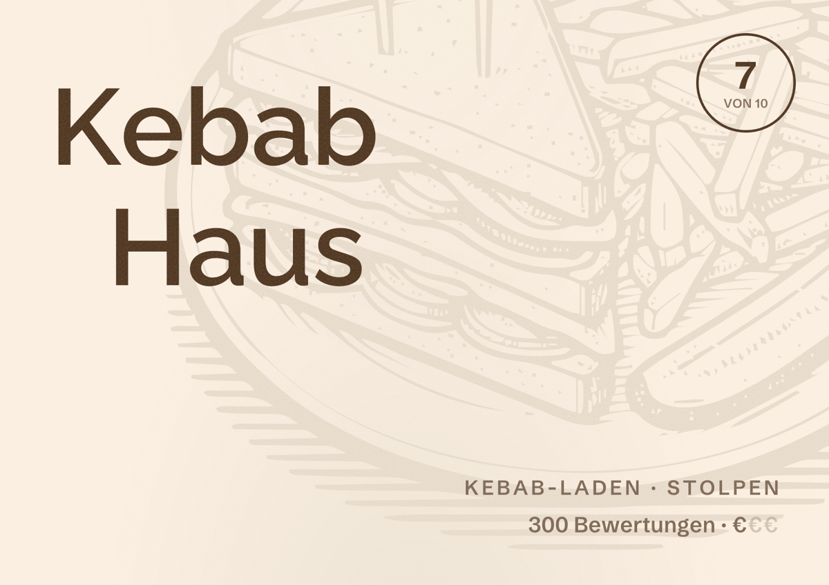 Illustriertes Poster von Kebab Haus, Kebab-Laden in Stolpen: Bewertung 7 von 10 aus 300 Bewertungen, Preisniveau €