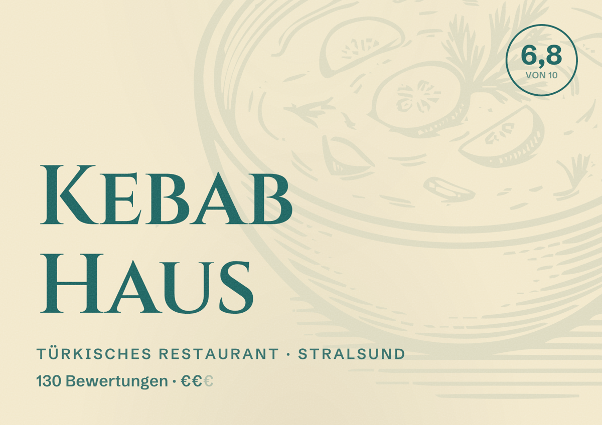 Illustriertes Poster von Kebab Haus, Türkisches Restaurant in Stralsund: Bewertung 6,8 von 10 aus 130 Bewertungen, Preisniveau €€