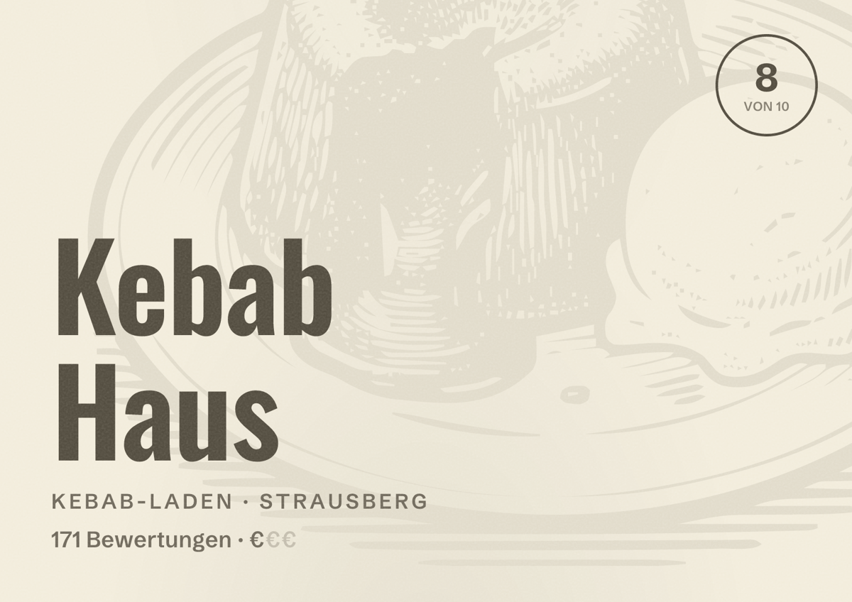 Illustriertes Poster von Kebab Haus, Kebab-Laden in Strausberg: Bewertung 8 von 10 aus 171 Bewertungen, Preisniveau €
