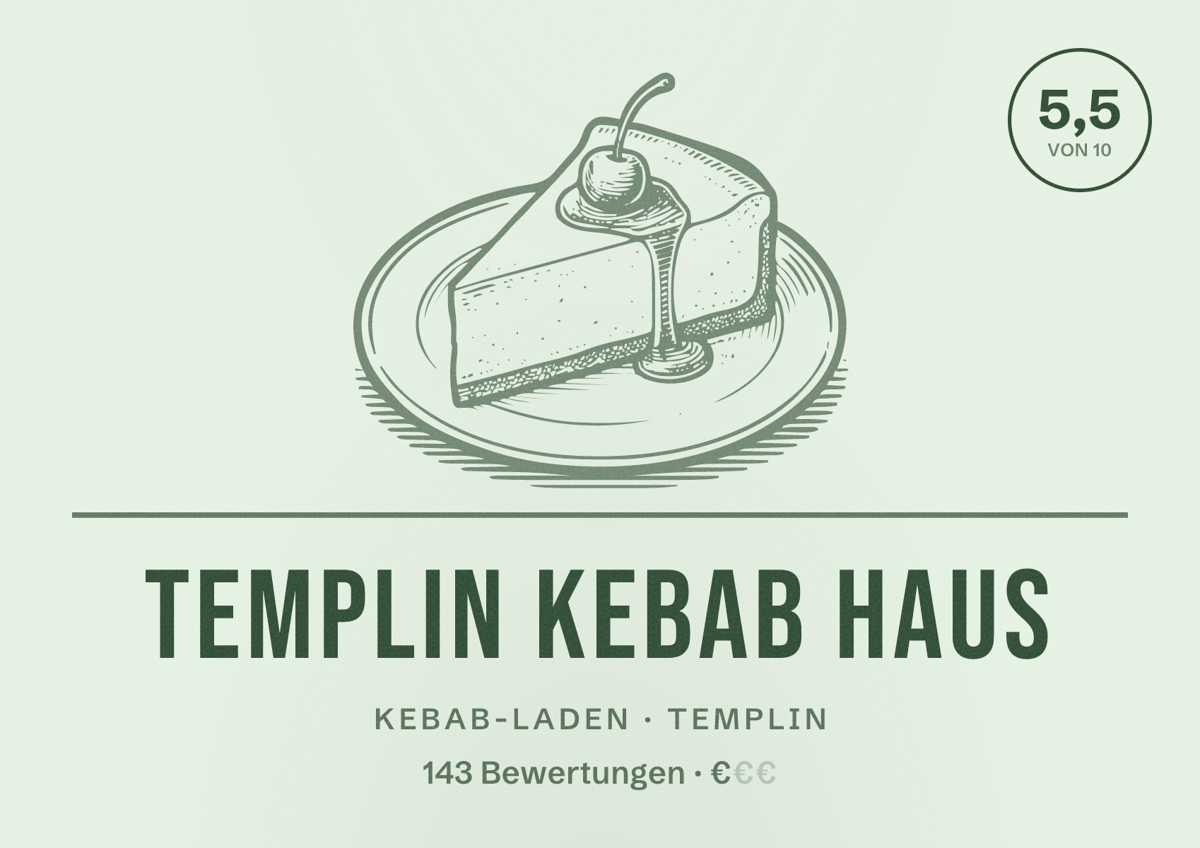 Illustriertes Poster von Templin Kebab Haus, Kebab-Laden in Templin: Bewertung 5,5 von 10 aus 143 Bewertungen, Preisniveau €