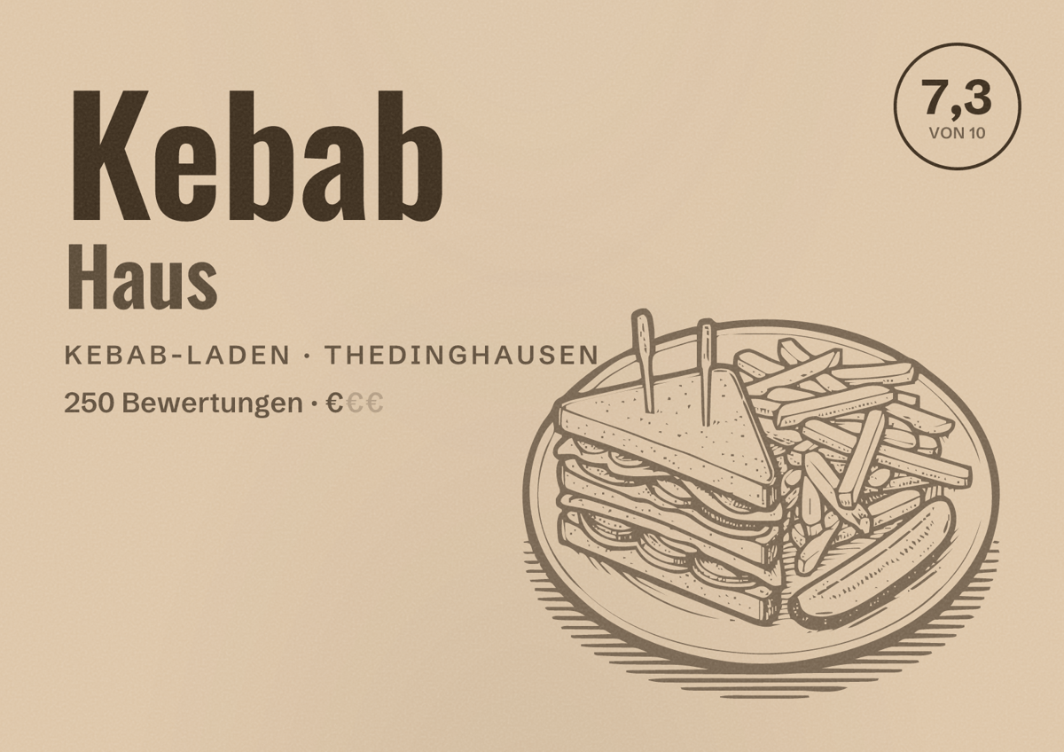 Illustriertes Poster von Kebab Haus, Kebab-Laden in Thedinghausen: Bewertung 7,3 von 10 aus 250 Bewertungen, Preisniveau €