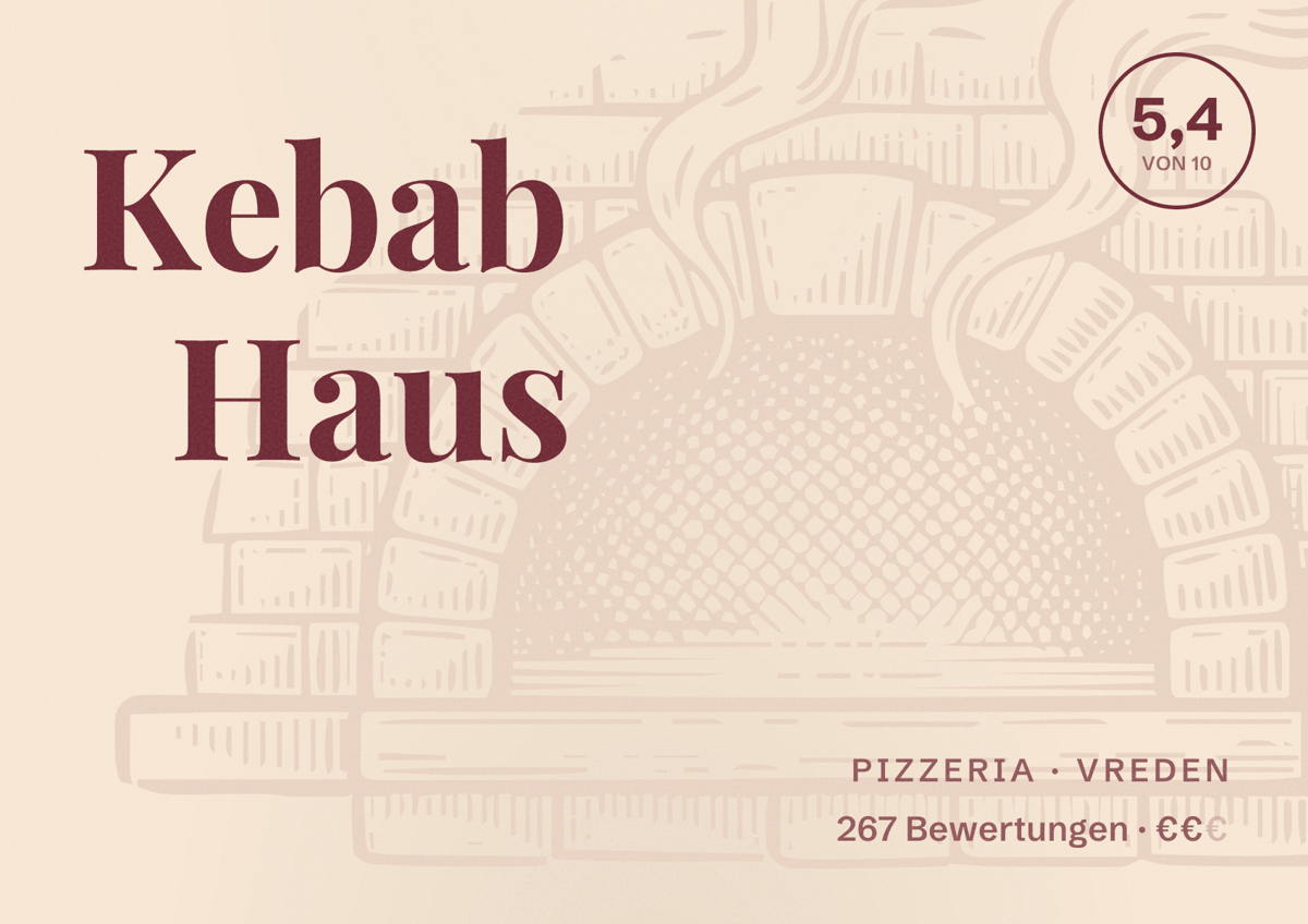Illustriertes Poster von Kebab Haus, Pizzeria in Vreden: Bewertung 5,4 von 10 aus 267 Bewertungen, Preisniveau €€