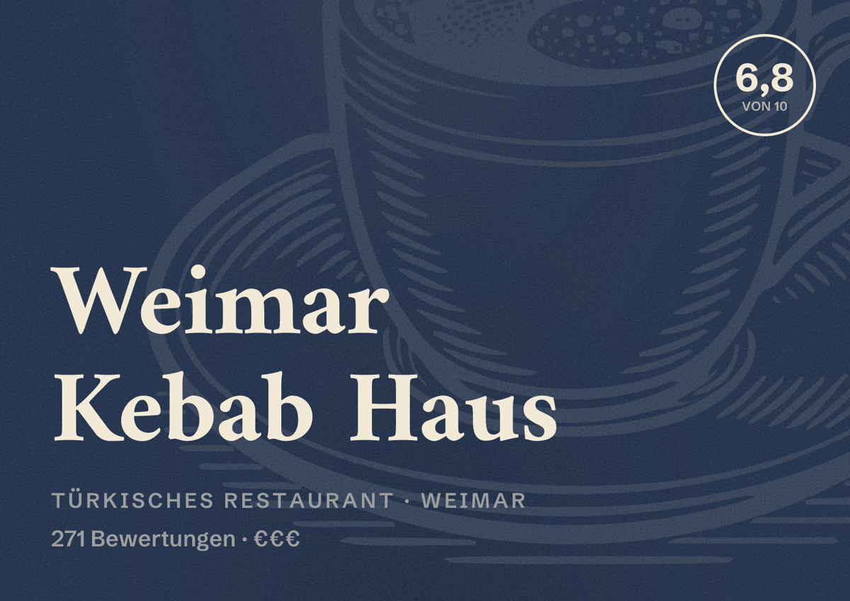 Illustriertes Poster von Weimar Kebab Haus, Türkisches Restaurant in Weimar: Bewertung 6,8 von 10 aus 271 Bewertungen, Preisniveau €€€