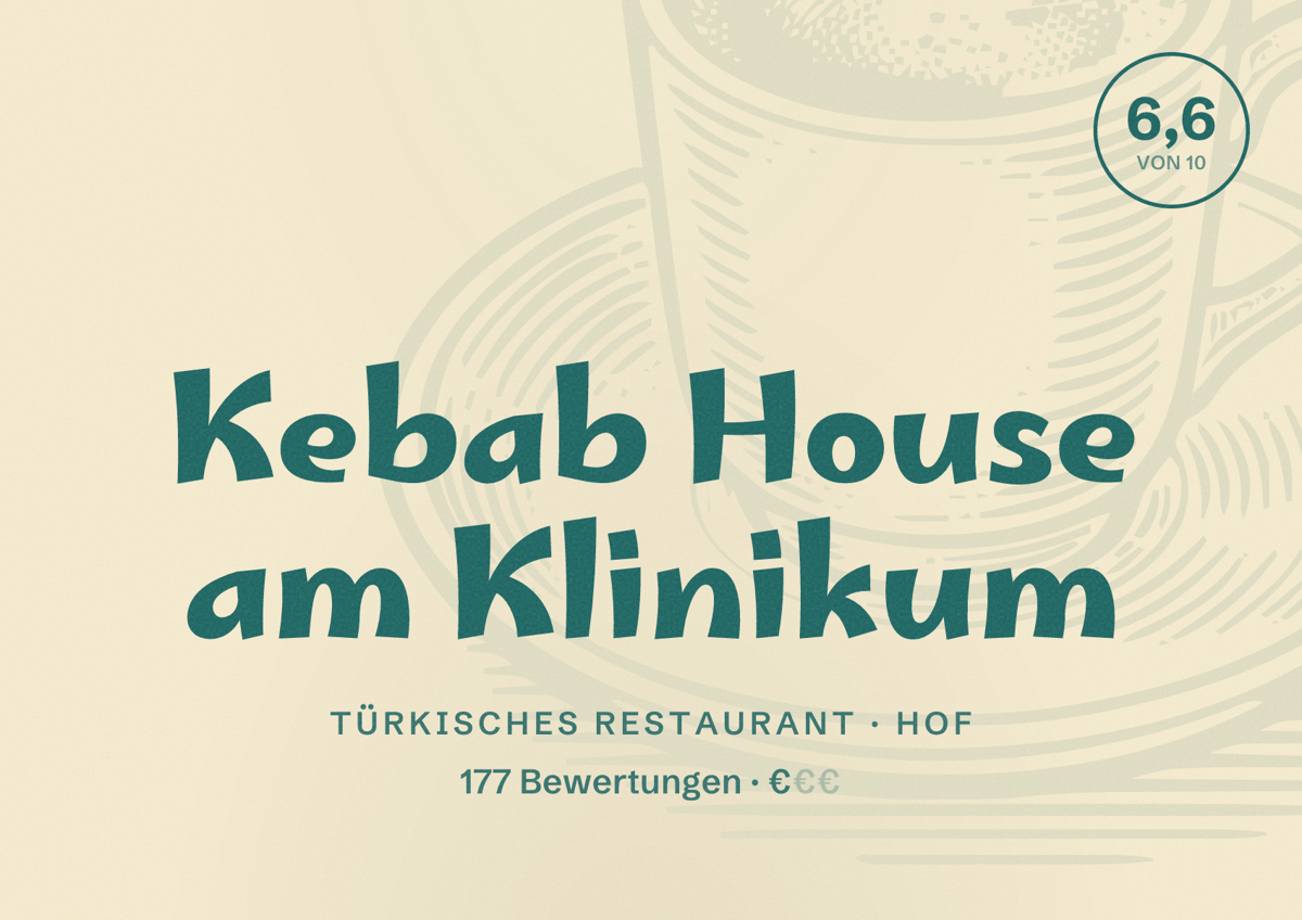 Illustriertes Poster von Kebab House am Klinikum, Türkisches Restaurant in Hof: Bewertung 6,6 von 10 aus 177 Bewertungen, Preisniveau €