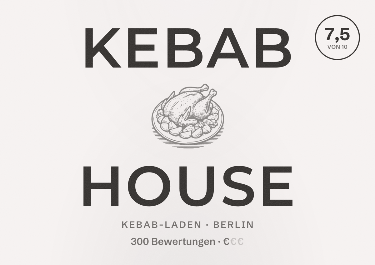 Illustriertes Poster von Kebab House, Kebab-Laden in Berlin: Bewertung 7,5 von 10 aus 300 Bewertungen, Preisniveau €