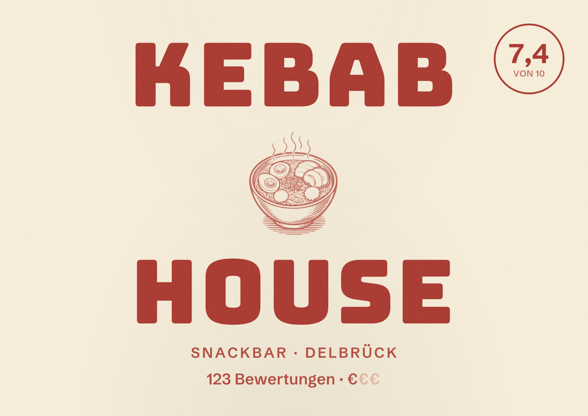 Illustriertes Poster von Kebab House, Snackbar in Delbrück: Bewertung 7,4 von 10 aus 123 Bewertungen, Preisniveau €