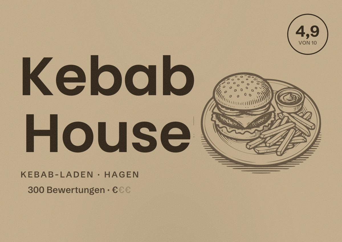 Illustriertes Poster von Kebab House, Kebab-Laden in Hagen: Bewertung 4,9 von 10 aus 300 Bewertungen, Preisniveau €