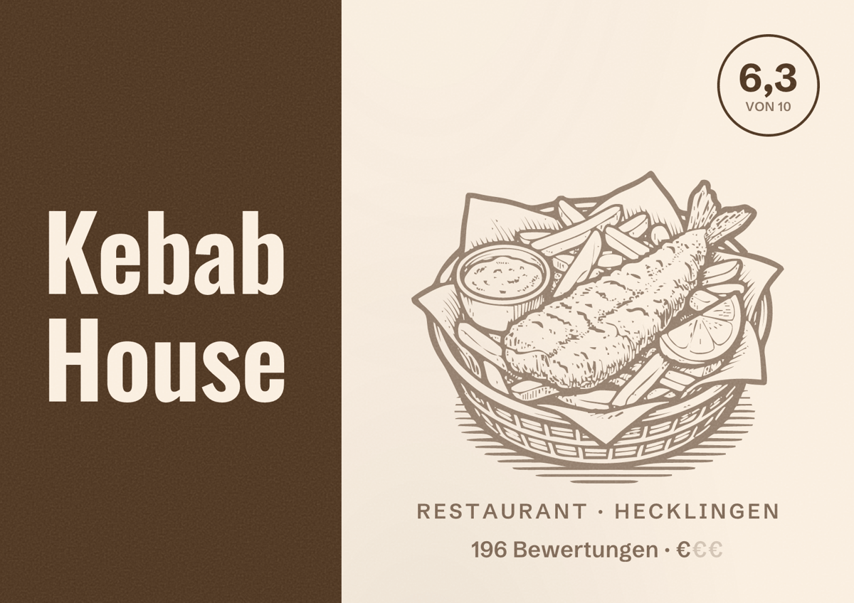 Illustriertes Poster von Kebab House, Restaurant in Hecklingen: Bewertung 6,3 von 10 aus 196 Bewertungen, Preisniveau €