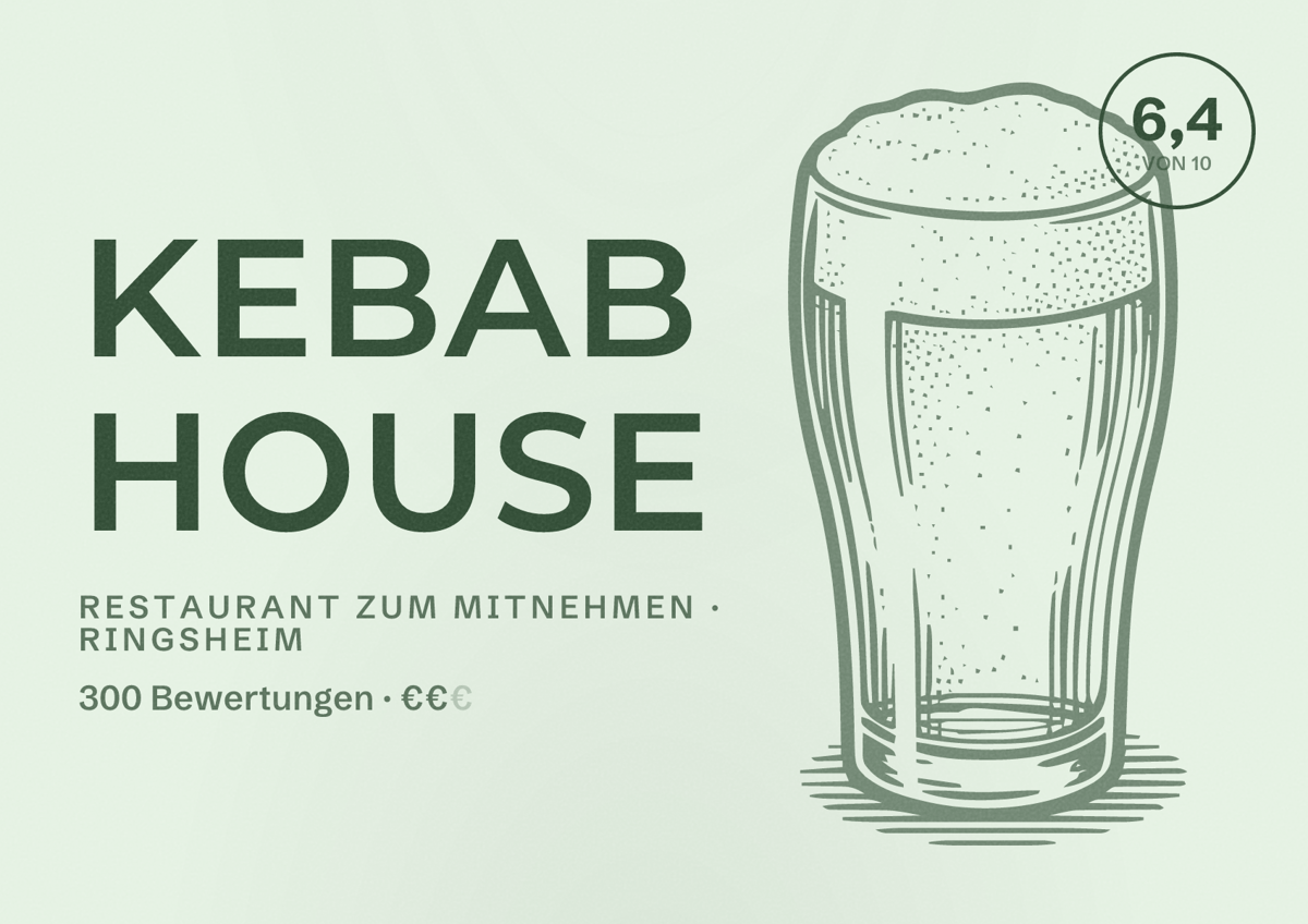 Illustriertes Poster von Kebab House, Restaurant zum Mitnehmen in Ringsheim: Bewertung 6,4 von 10 aus 300 Bewertungen, Preisniveau €€