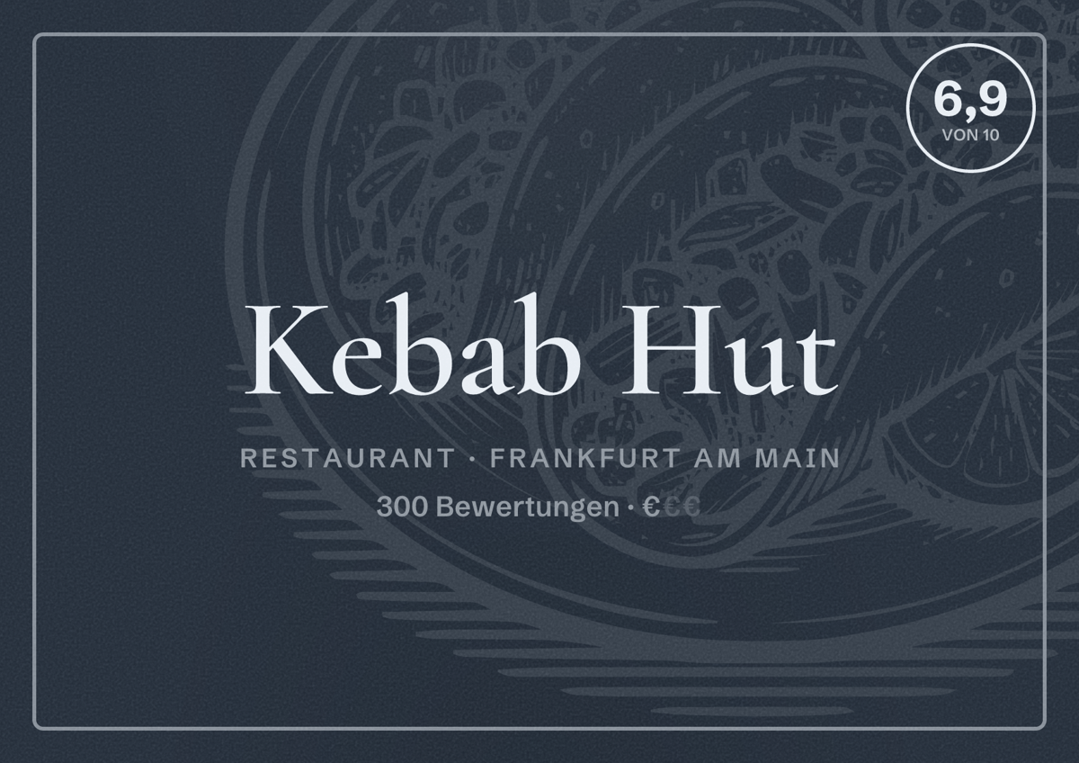Illustriertes Poster von Kebab Hut, Restaurant in Frankfurt am Main: Bewertung 6,9 von 10 aus 300 Bewertungen, Preisniveau €