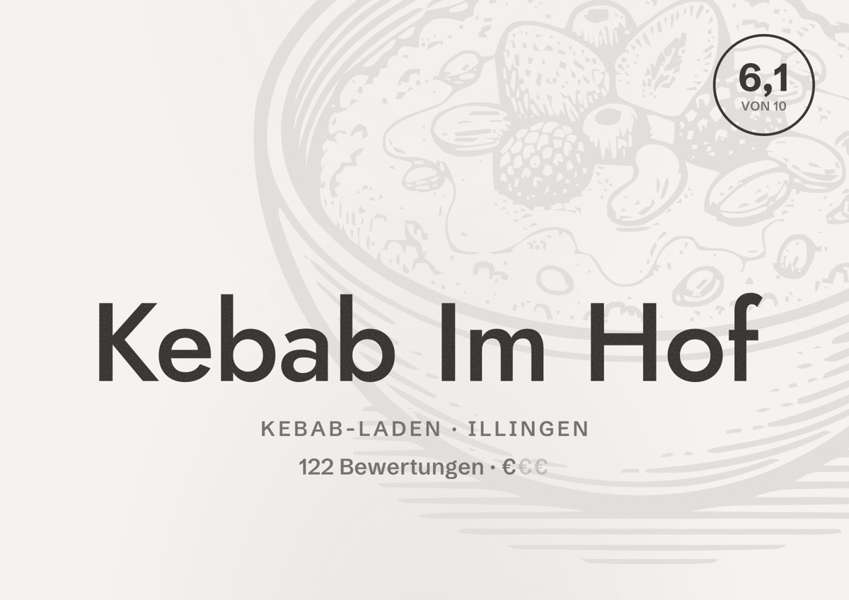 Illustriertes Poster von Kebab Im Hof, Kebab-Laden in Illingen: Bewertung 6,1 von 10 aus 122 Bewertungen, Preisniveau €