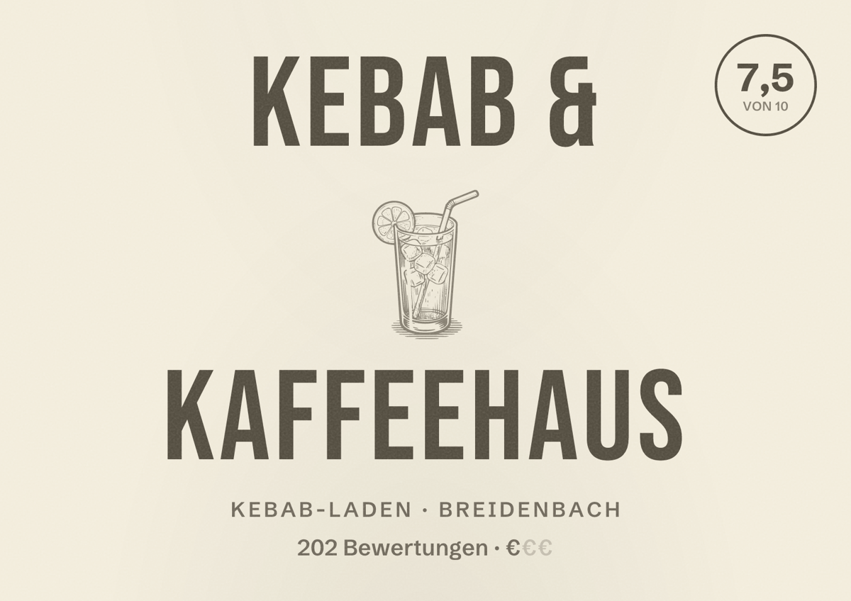 Illustriertes Poster von Kebab & Kaffeehaus, Kebab-Laden in Breidenbach: Bewertung 7,5 von 10 aus 202 Bewertungen, Preisniveau €