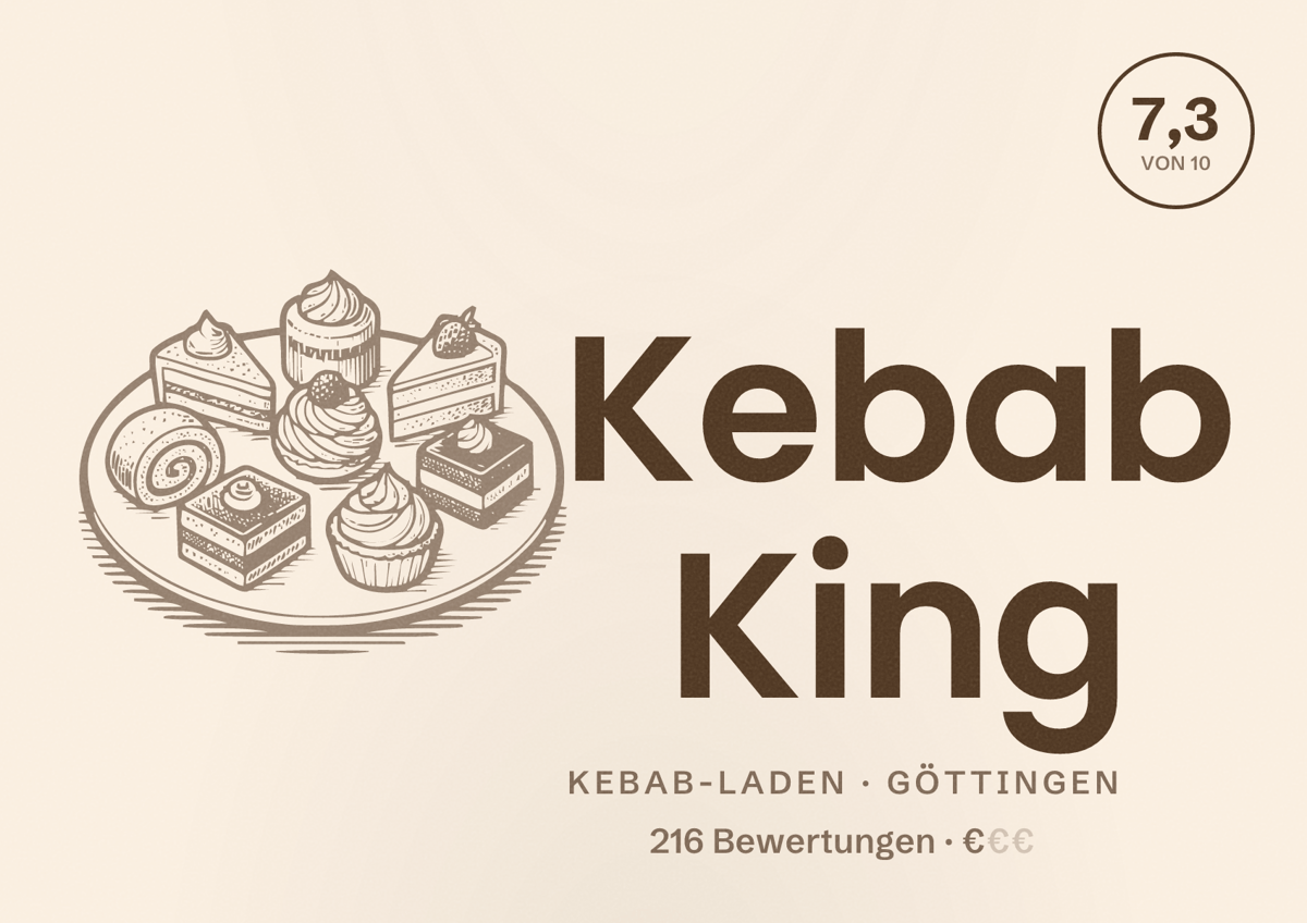Illustriertes Poster von Kebab King, Kebab-Laden in Göttingen: Bewertung 7,3 von 10 aus 216 Bewertungen, Preisniveau €