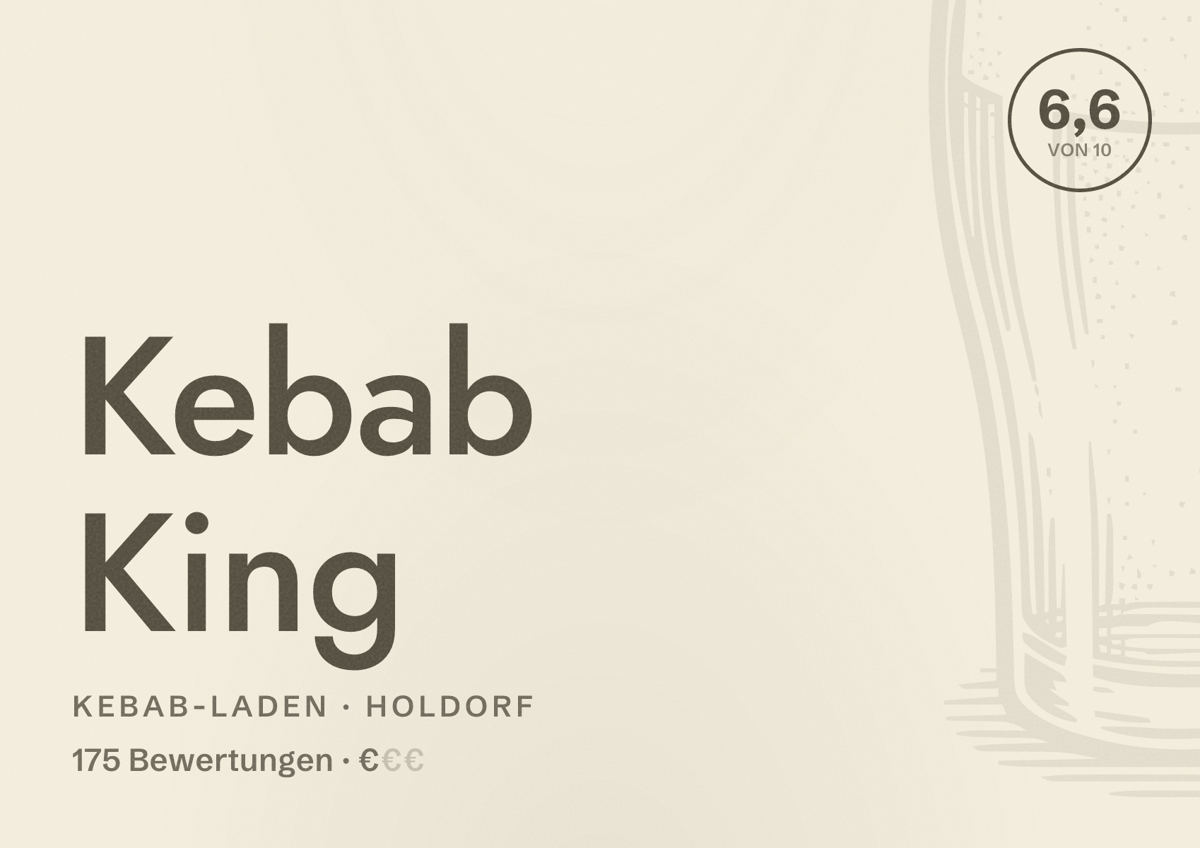 Illustriertes Poster von Kebab King, Kebab-Laden in Holdorf: Bewertung 6,6 von 10 aus 175 Bewertungen, Preisniveau €