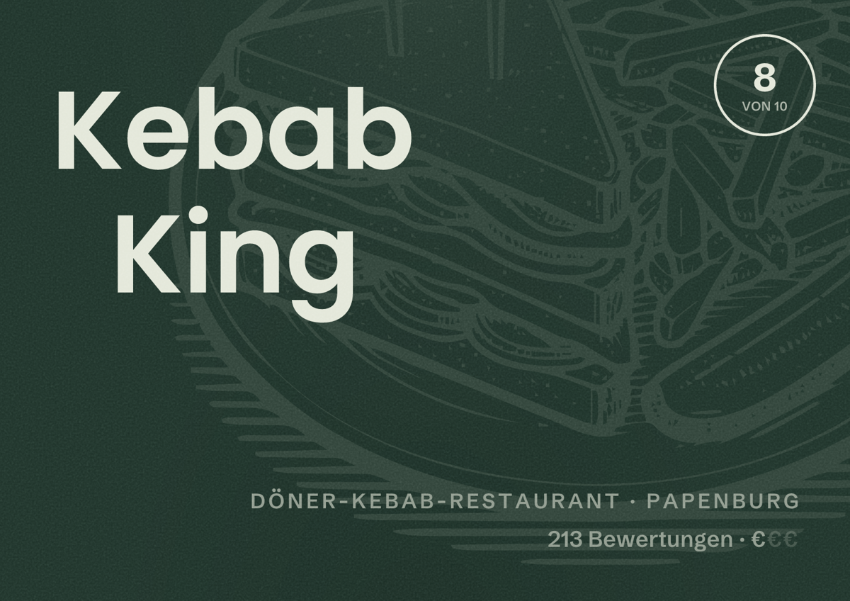 Illustriertes Poster von Kebab King, Döner-Kebab-Restaurant in Papenburg: Bewertung 8 von 10 aus 213 Bewertungen, Preisniveau €