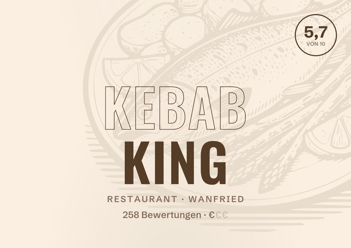Illustriertes Poster von Kebab King, Restaurant in Wanfried: Bewertung 5,7 von 10 aus 258 Bewertungen, Preisniveau €