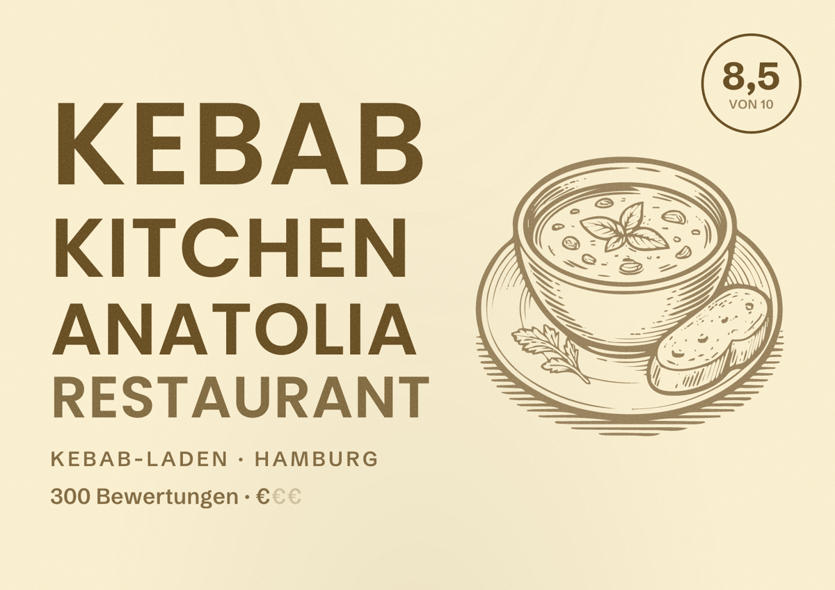 Illustriertes Poster von Kebab Kitchen Anatolia Restaurant, Kebab-Laden in Hamburg: Bewertung 8,5 von 10 aus 300 Bewertungen, Preisniveau €