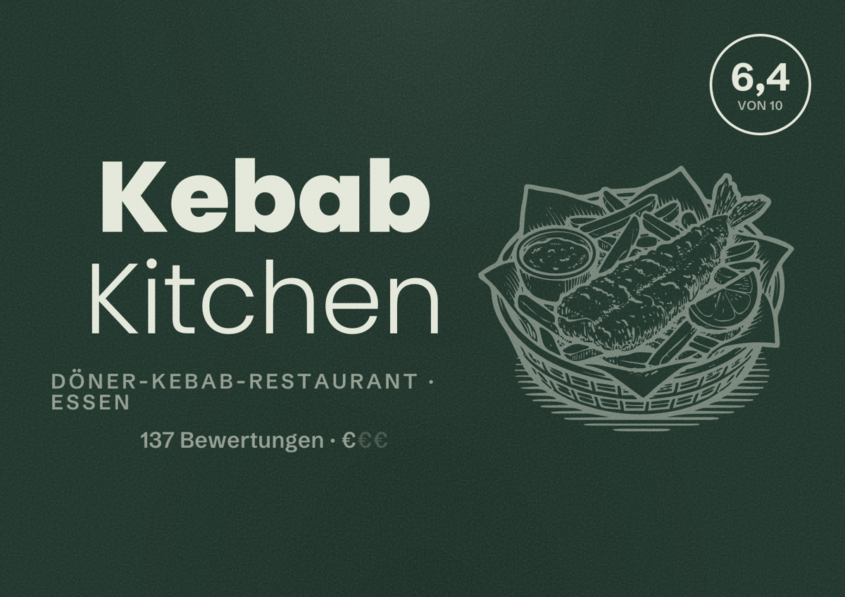 Illustriertes Poster von Kebab Kitchen, Döner-Kebab-Restaurant in Essen: Bewertung 6,4 von 10 aus 137 Bewertungen, Preisniveau €