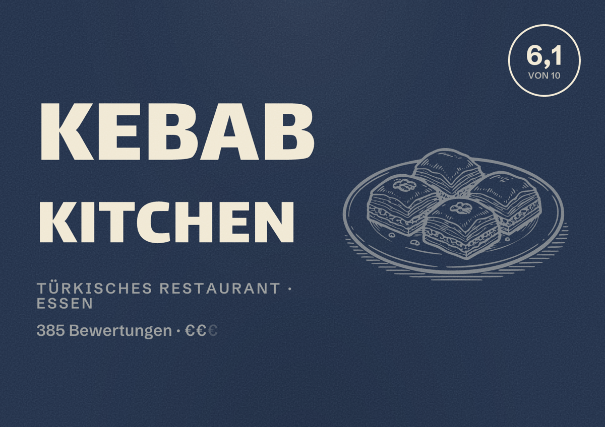Illustriertes Poster von Kebab Kitchen, Türkisches Restaurant in Essen: Bewertung 6,1 von 10 aus 385 Bewertungen, Preisniveau €€