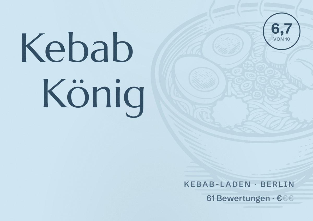 Illustriertes Poster von Kebab König, Kebab-Laden in Berlin: Bewertung 6,7 von 10 aus 61 Bewertungen, Preisniveau €