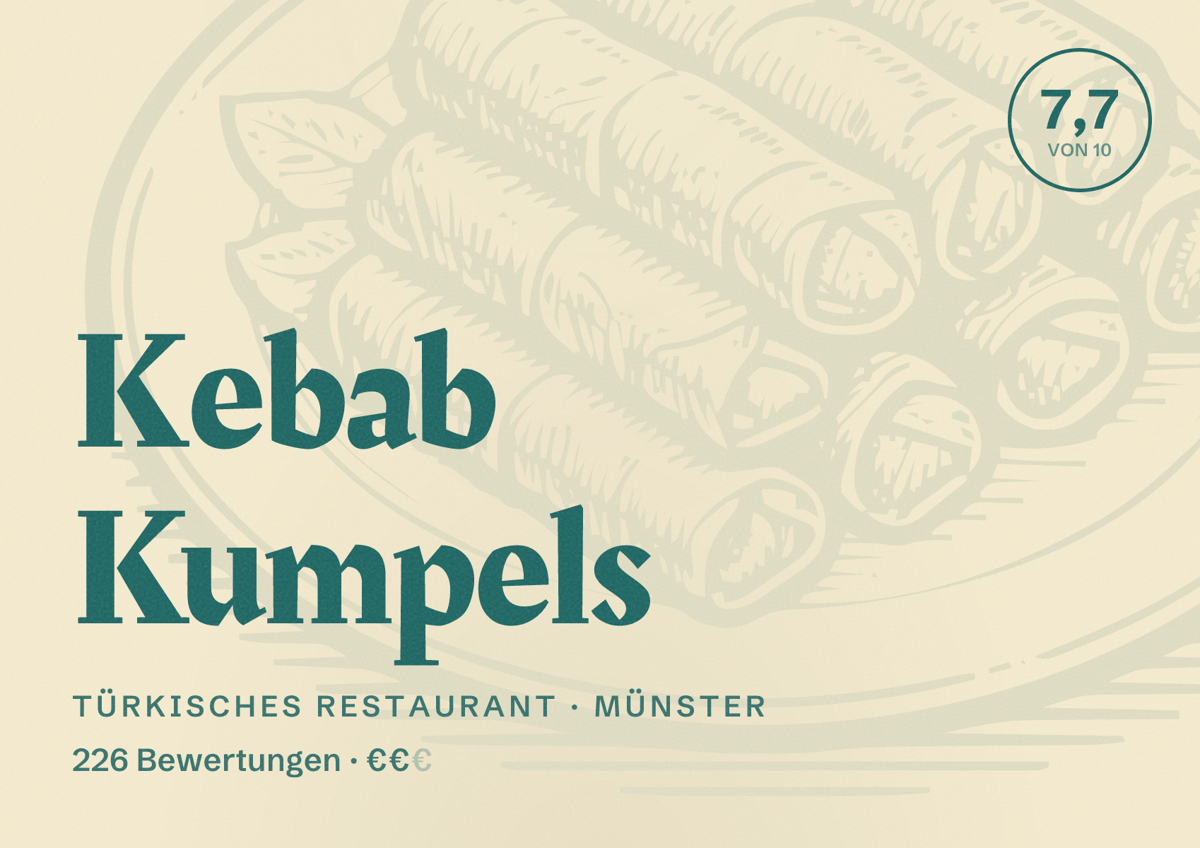 Illustriertes Poster von Kebab Kumpels, Türkisches Restaurant in Münster: Bewertung 7,7 von 10 aus 226 Bewertungen, Preisniveau €€