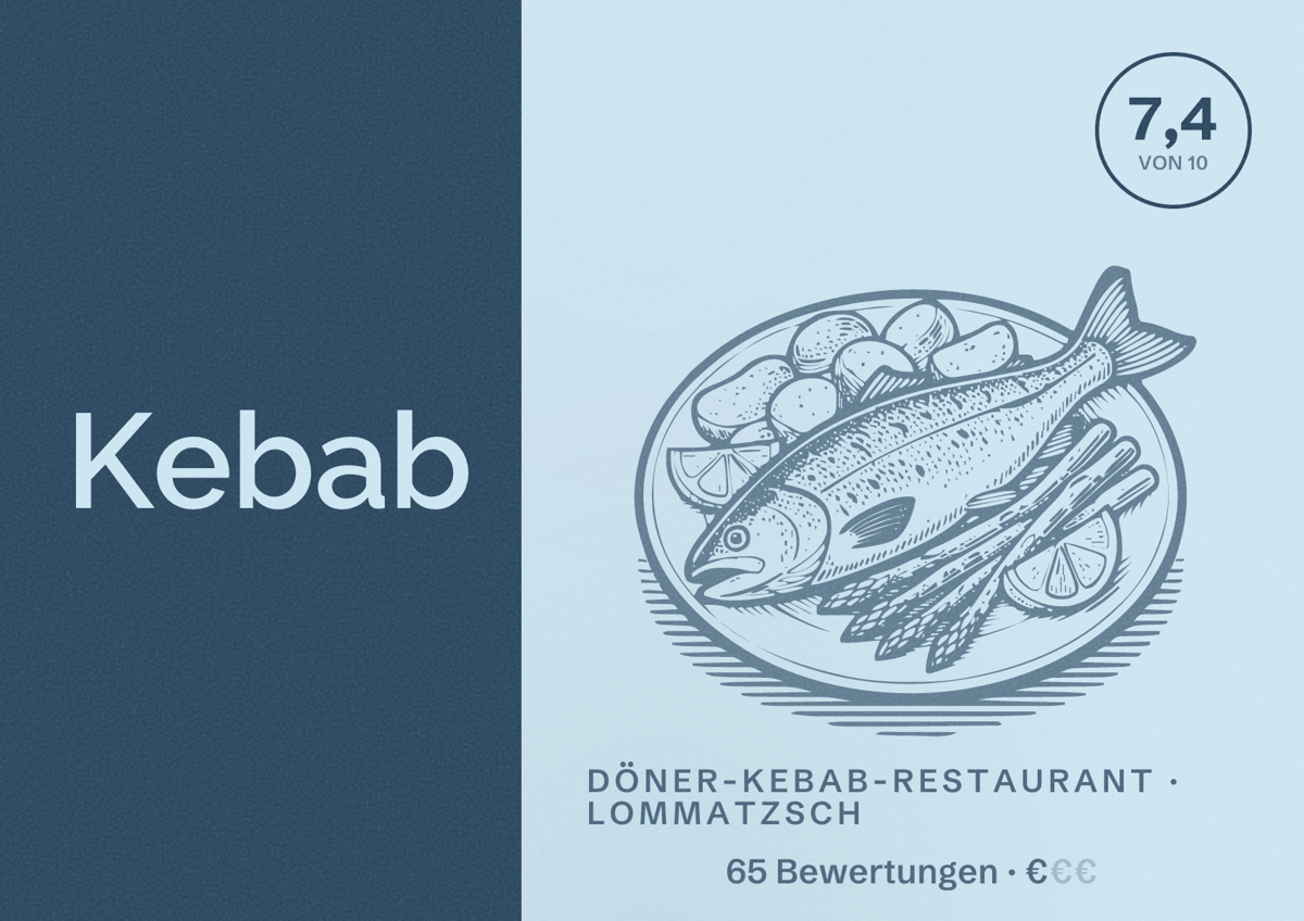 Illustriertes Poster von Kebab, Döner-Kebab-Restaurant in Lommatzsch: Bewertung 7,4 von 10 aus 65 Bewertungen, Preisniveau €