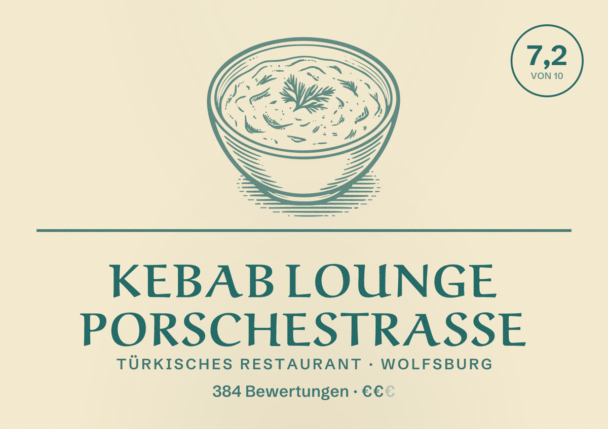 Illustriertes Poster von Kebab Lounge Porschestraße, Türkisches Restaurant in Wolfsburg: Bewertung 7,2 von 10 aus 384 Bewertungen, Preisniveau €€