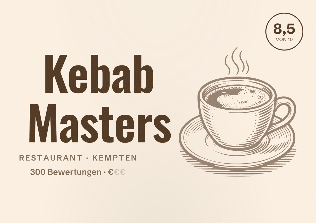 Illustriertes Poster von Kebab Masters, Restaurant in Kempten: Bewertung 8,5 von 10 aus 300 Bewertungen, Preisniveau €