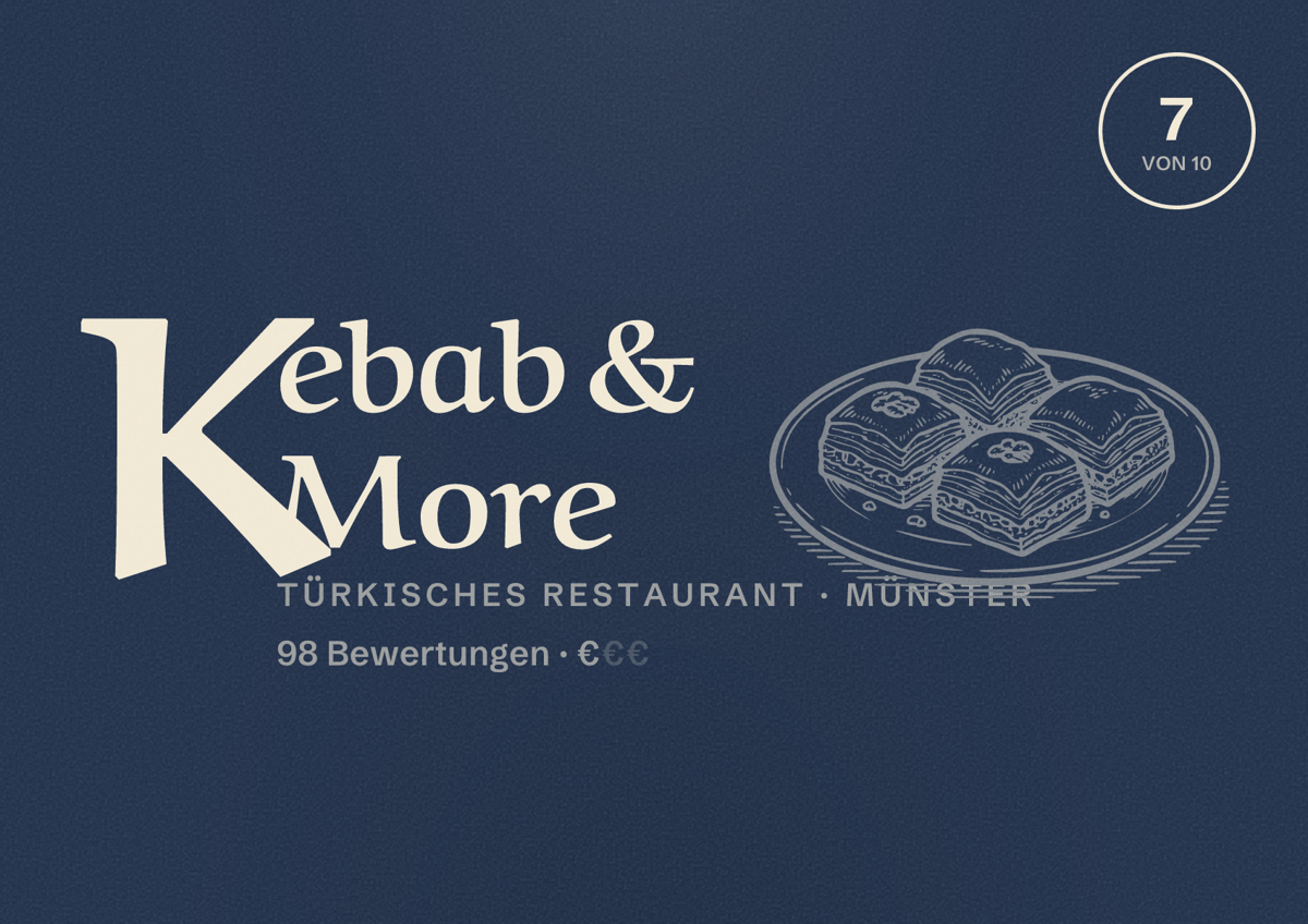 Illustriertes Poster von Kebab & More, Türkisches Restaurant in Münster: Bewertung 7 von 10 aus 98 Bewertungen, Preisniveau €