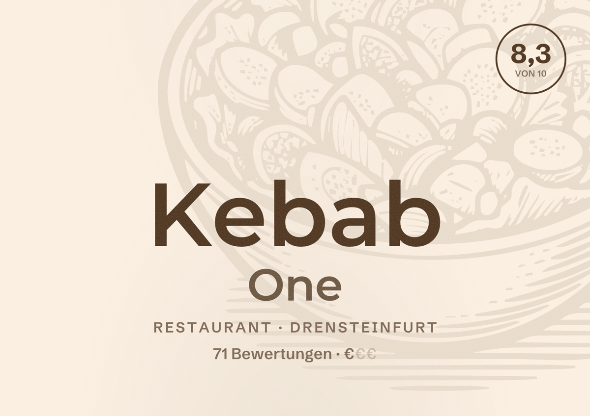 Illustriertes Poster von Kebab One, Restaurant in Drensteinfurt: Bewertung 8,3 von 10 aus 71 Bewertungen, Preisniveau €