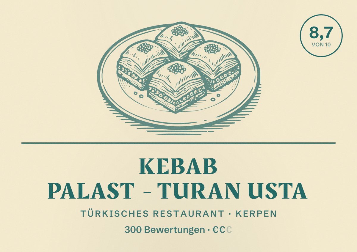Illustriertes Poster von Kebab Palast - Turan Usta, Türkisches Restaurant in Kerpen: Bewertung 8,7 von 10 aus 300 Bewertungen, Preisniveau €€