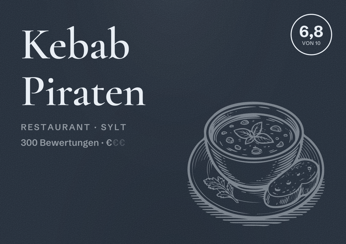 Illustriertes Poster von Kebab Piraten, Restaurant in Sylt: Bewertung 6,8 von 10 aus 300 Bewertungen, Preisniveau €