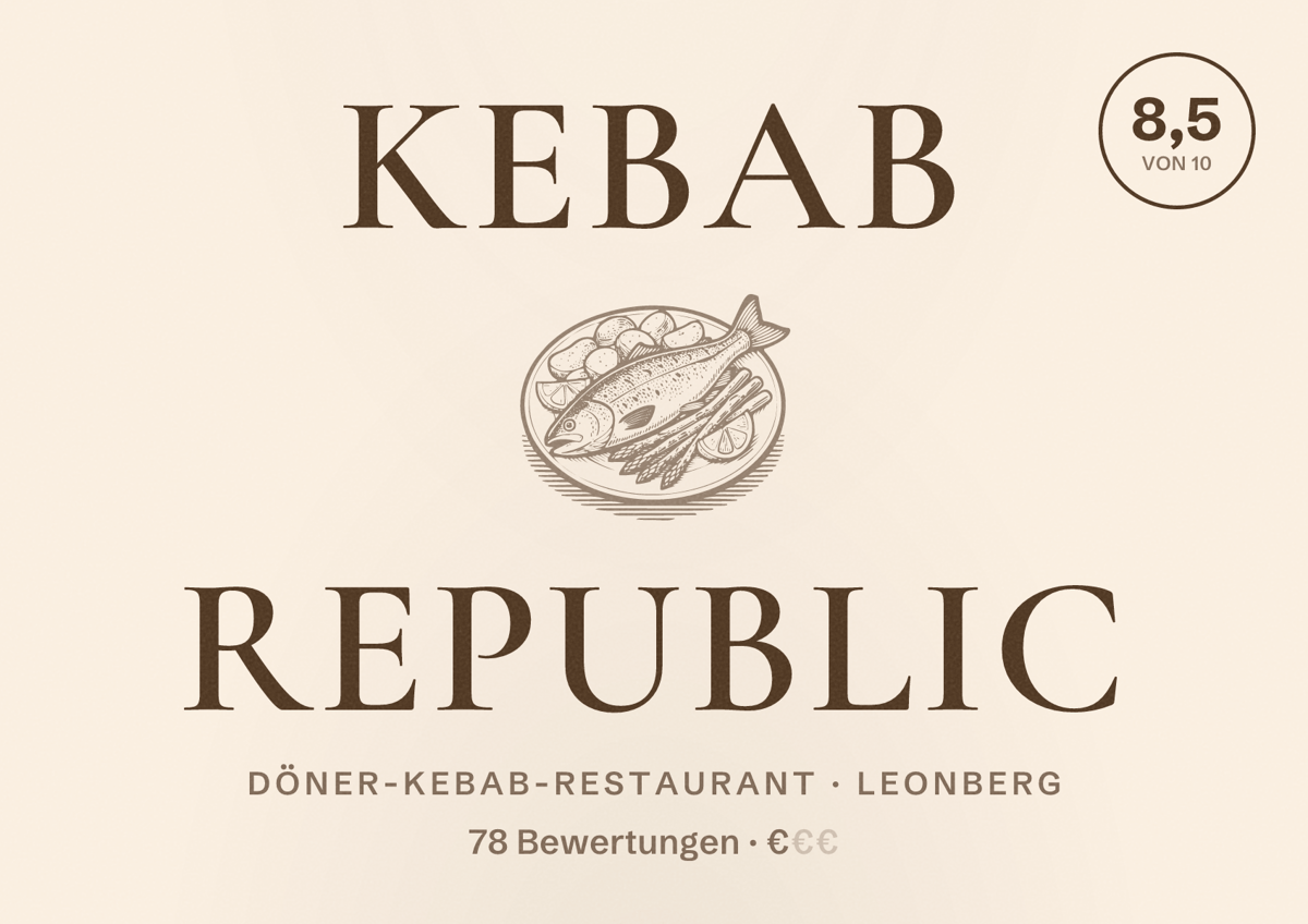 Illustriertes Poster von Kebab Republic, Döner-Kebab-Restaurant in Leonberg: Bewertung 8,5 von 10 aus 78 Bewertungen, Preisniveau €