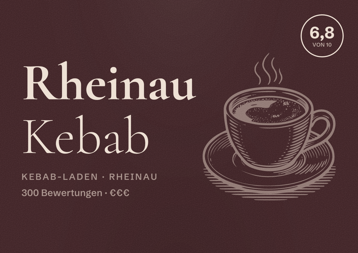 Illustriertes Poster von Rheinau Kebab, Kebab-Laden in Rheinau: Bewertung 6,8 von 10 aus 300 Bewertungen, Preisniveau €€€