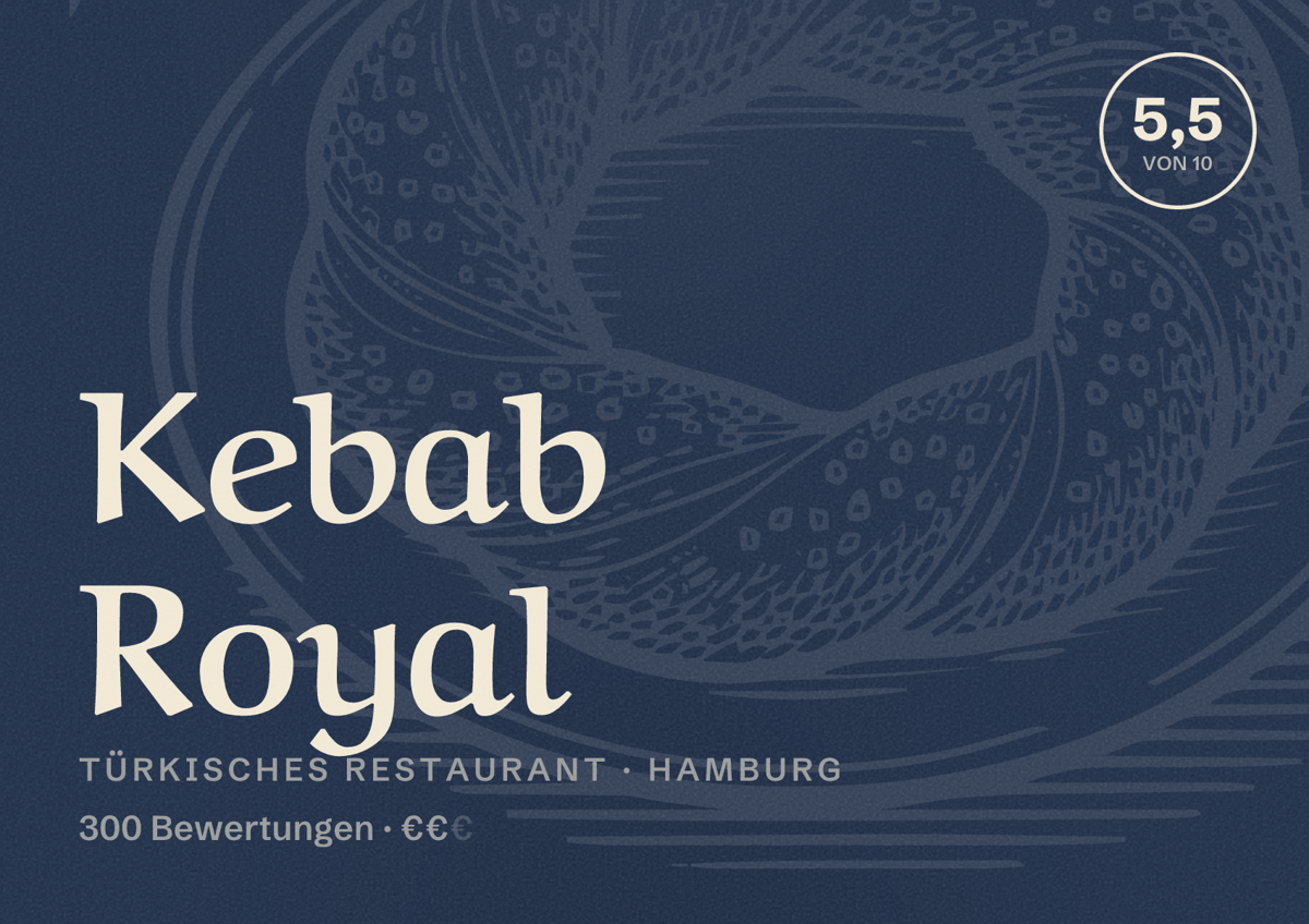 Illustriertes Poster von Kebab Royal, Türkisches Restaurant in Hamburg: Bewertung 5,5 von 10 aus 300 Bewertungen, Preisniveau €€