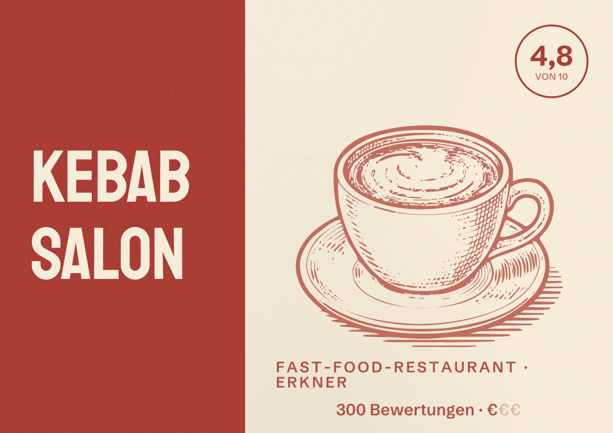 Illustriertes Poster von Kebab Salon, Fast-Food-Restaurant in Erkner: Bewertung 4,8 von 10 aus 300 Bewertungen, Preisniveau €
