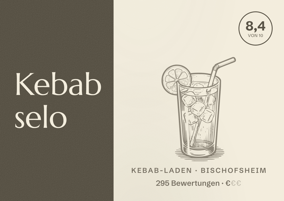 Illustriertes Poster von Kebab selo, Kebab-Laden in Bischofsheim: Bewertung 8,4 von 10 aus 295 Bewertungen, Preisniveau €
