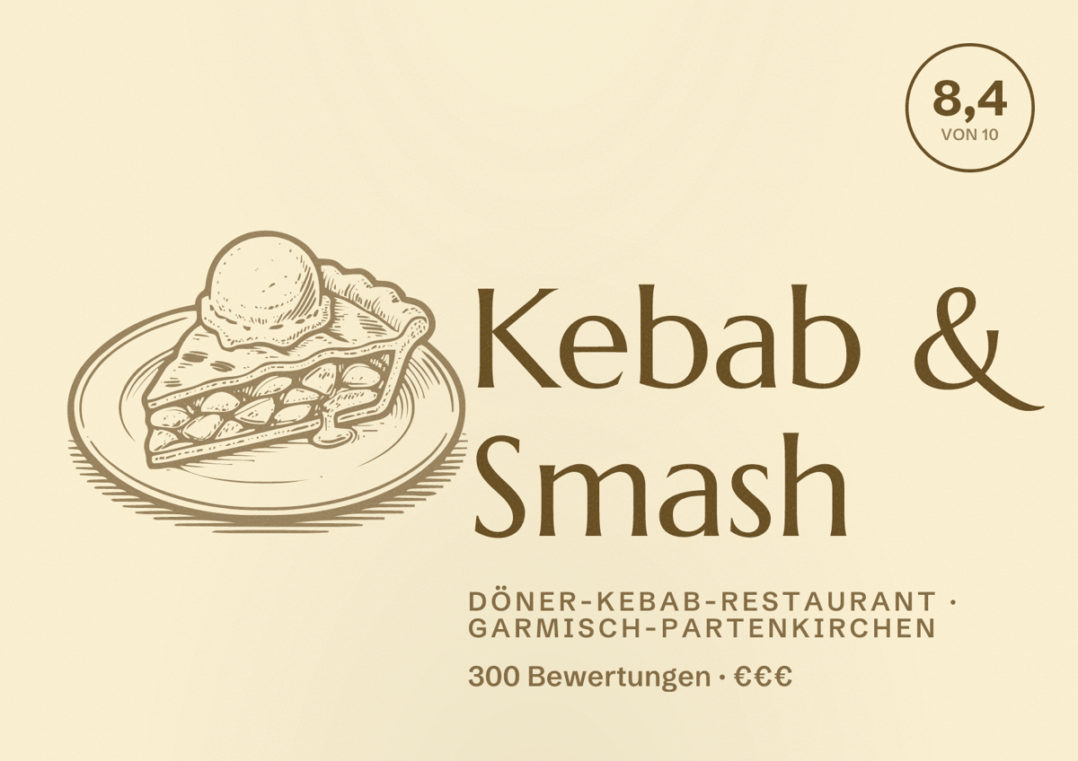 Illustriertes Poster von Kebab & Smash, Döner-Kebab-Restaurant in Garmisch-Partenkirchen: Bewertung 8,4 von 10 aus 300 Bewertungen, Preisniveau €€€