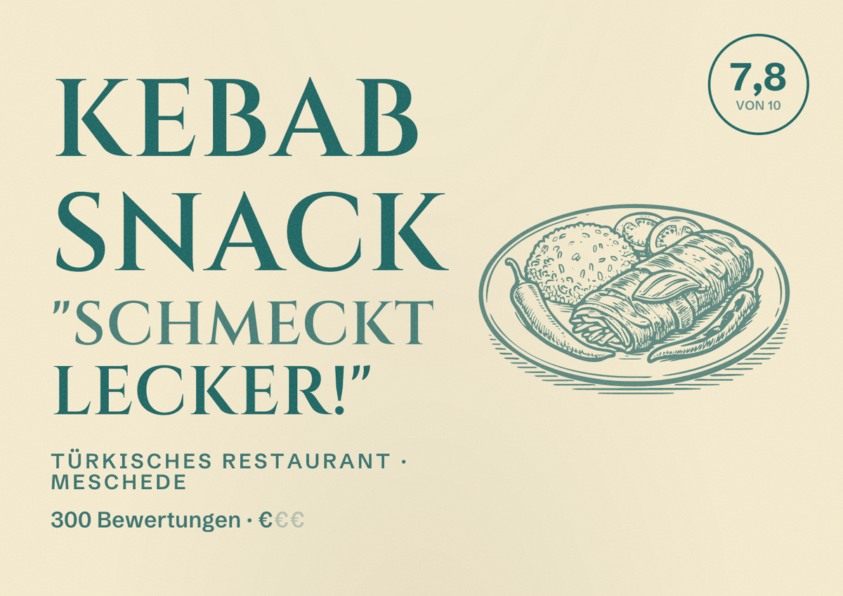 Illustriertes Poster von Kebab Snack "Schmeckt lecker!", Türkisches Restaurant in Meschede: Bewertung 7,8 von 10 aus 300 Bewertungen, Preisniveau €