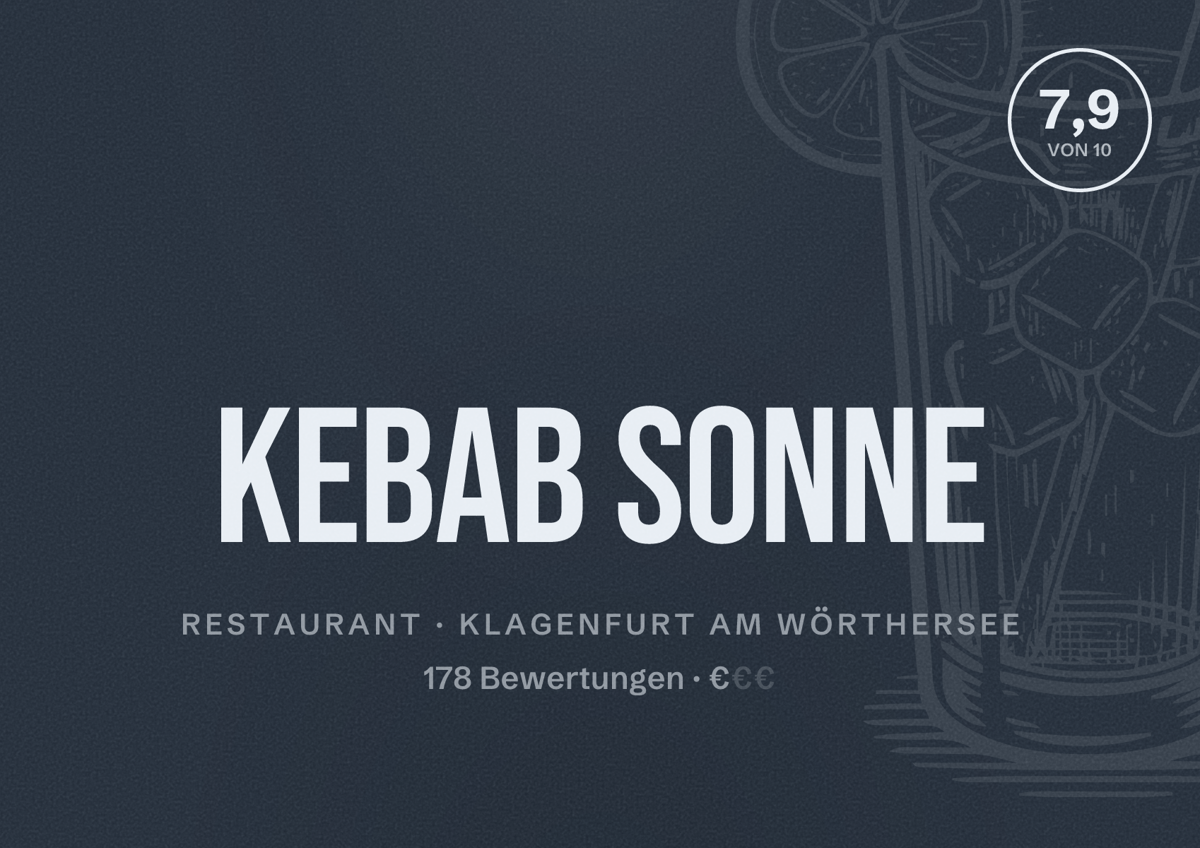 Illustriertes Poster von Kebab Sonne, Restaurant in Klagenfurt am Wörthersee: Bewertung 7,9 von 10 aus 178 Bewertungen, Preisniveau €