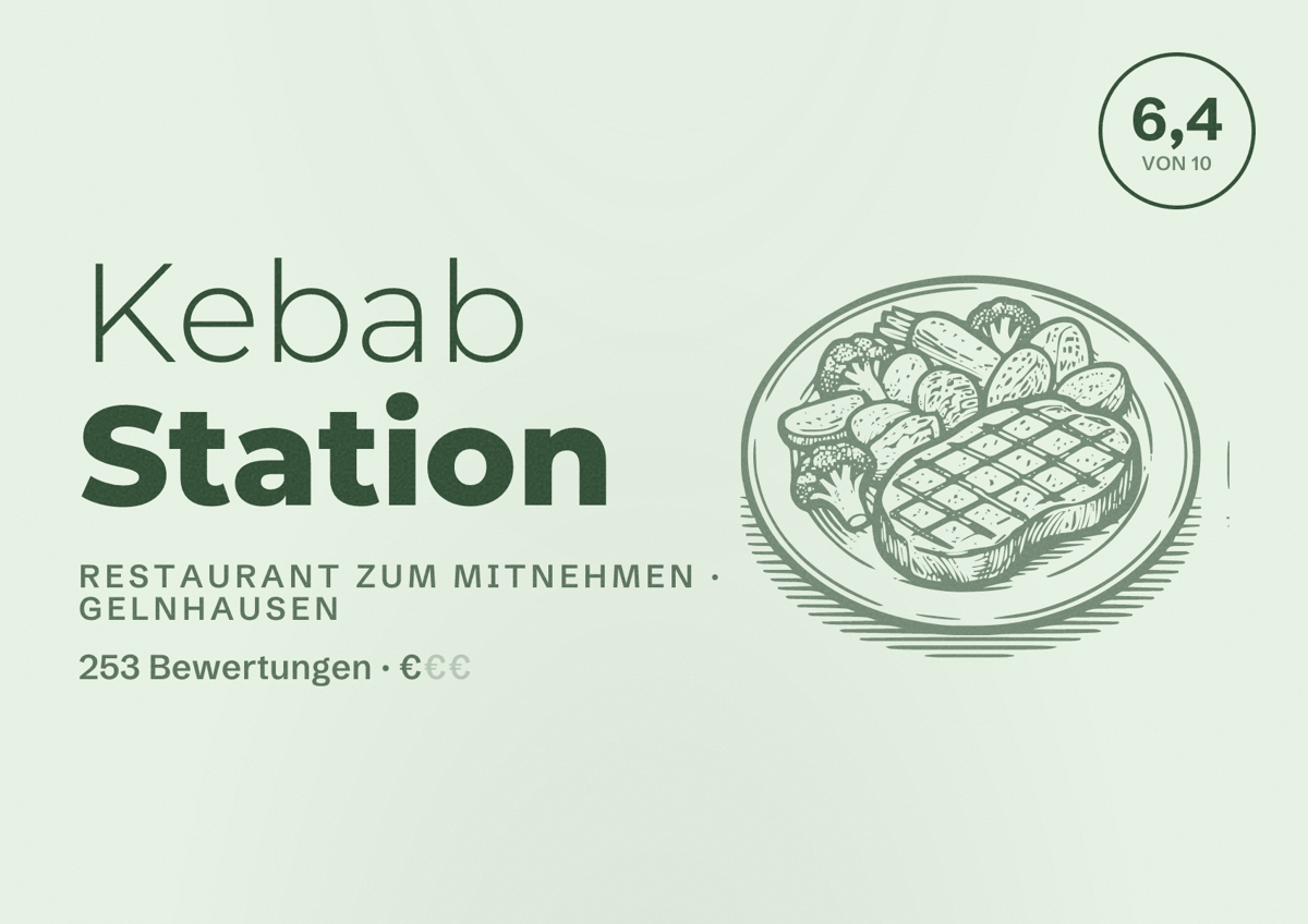 Illustriertes Poster von Kebab Station, Restaurant zum Mitnehmen in Gelnhausen: Bewertung 6,4 von 10 aus 253 Bewertungen, Preisniveau €