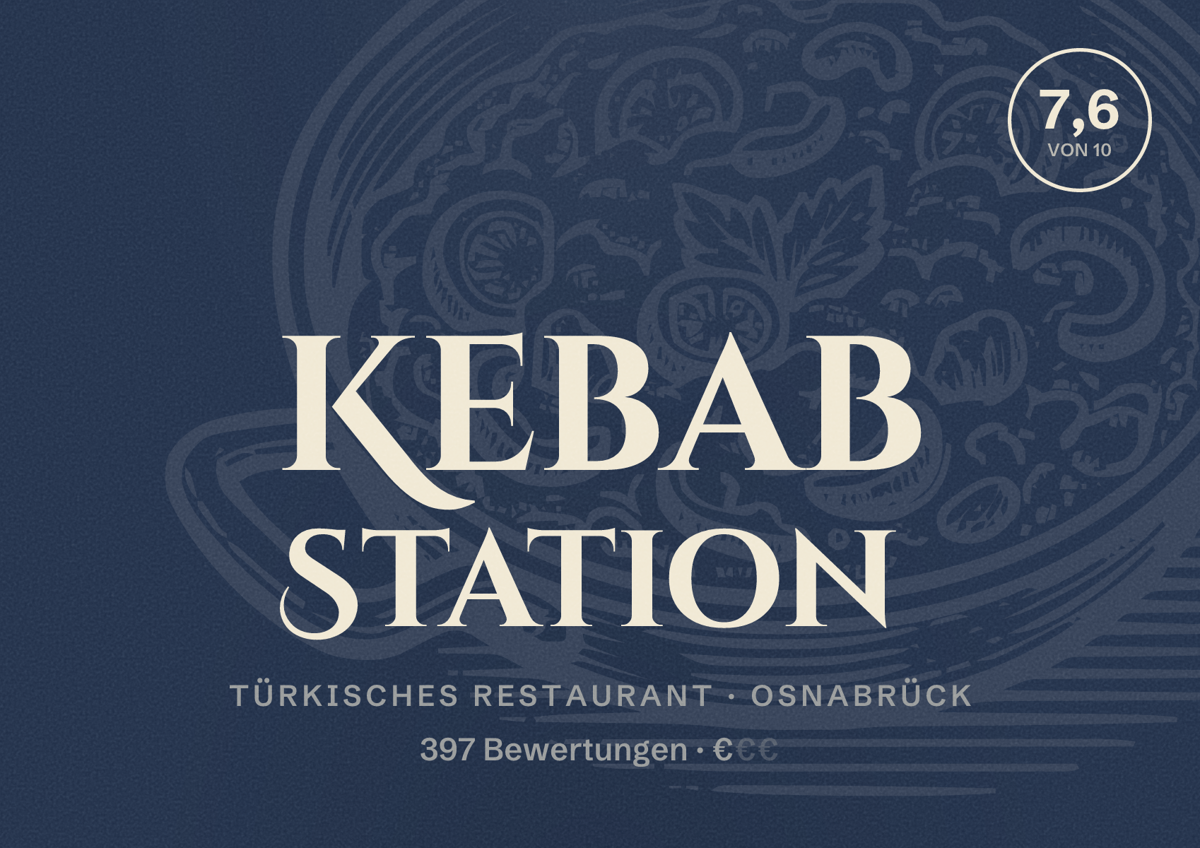 Illustriertes Poster von Kebab Station, Türkisches Restaurant in Osnabrück: Bewertung 7,6 von 10 aus 397 Bewertungen, Preisniveau €