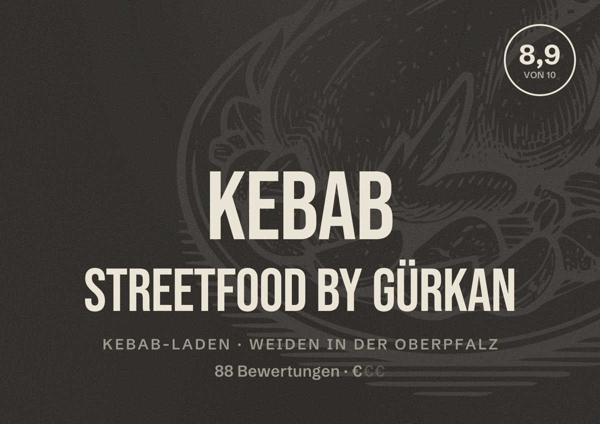 Illustriertes Poster von Kebab Streetfood by Gürkan, Kebab-Laden in Weiden in der Oberpfalz: Bewertung 8,9 von 10 aus 88 Bewertungen, Preisniveau €