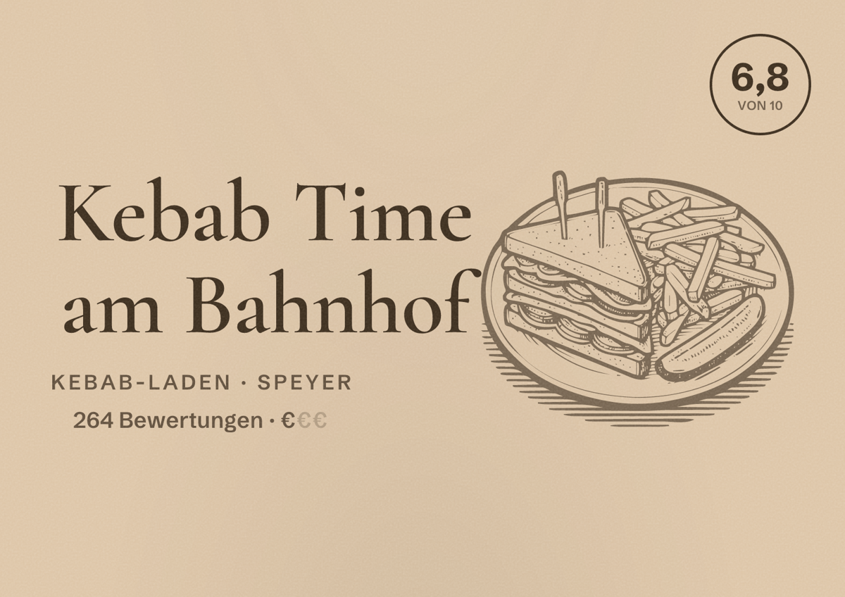 Illustriertes Poster von Kebab Time am Bahnhof, Kebab-Laden in Speyer: Bewertung 6,8 von 10 aus 264 Bewertungen, Preisniveau €