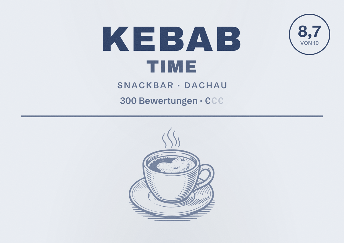Illustriertes Poster von Kebab Time, Snackbar in Dachau: Bewertung 8,7 von 10 aus 300 Bewertungen, Preisniveau €
