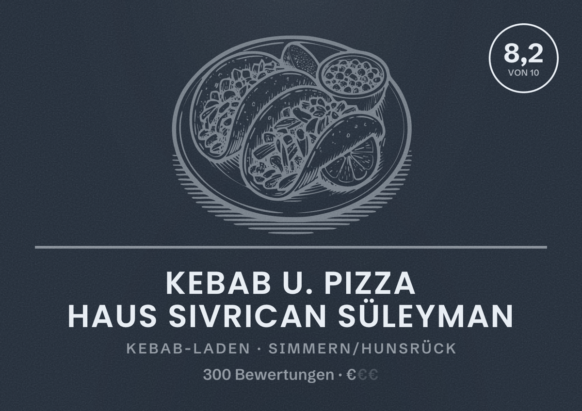 Illustriertes Poster von Kebab u. Pizza Haus Sivrican Süleyman, Kebab-Laden in Simmern/Hunsrück: Bewertung 8,2 von 10 aus 300 Bewertungen, Preisniveau €