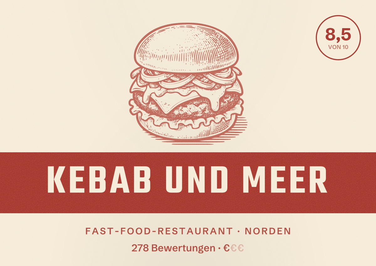Illustriertes Poster von Kebab und Meer, Fast-Food-Restaurant in Norden: Bewertung 8,5 von 10 aus 278 Bewertungen, Preisniveau €