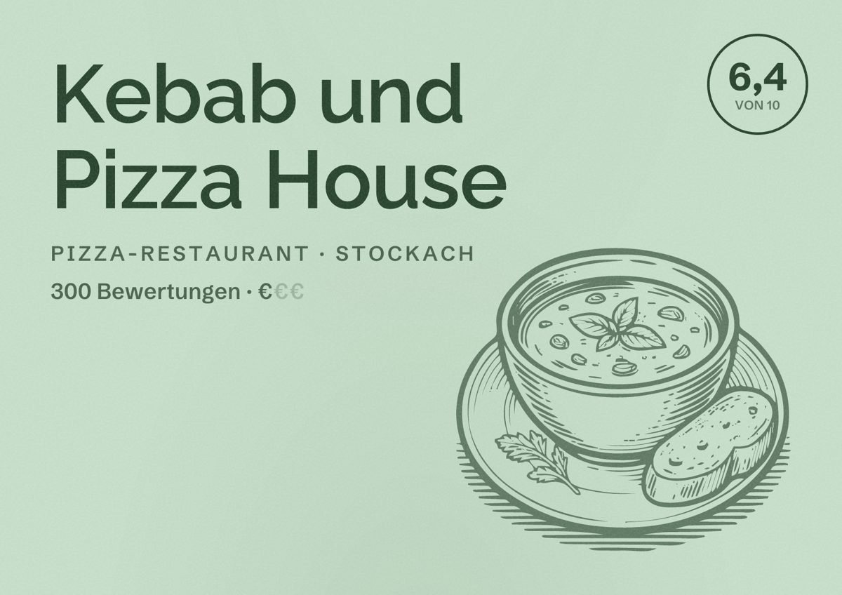 Illustriertes Poster von Kebab und Pizza House, Pizza-Restaurant in Stockach: Bewertung 6,4 von 10 aus 300 Bewertungen, Preisniveau €