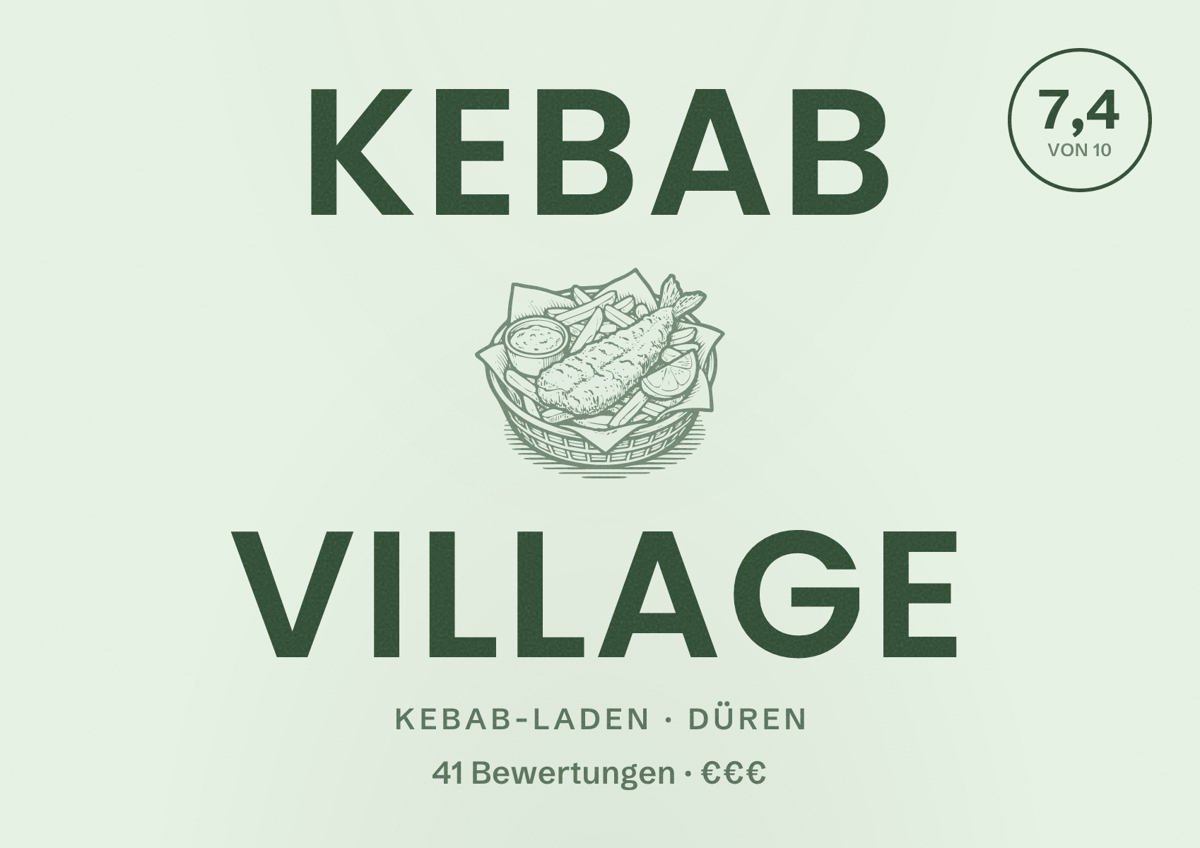 Illustriertes Poster von Kebab Village, Kebab-Laden in Düren: Bewertung 7,4 von 10 aus 41 Bewertungen, Preisniveau €€€